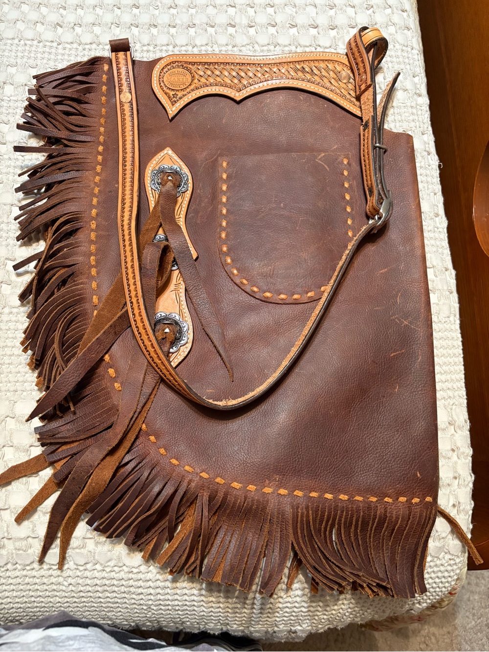 Fringed Brown Leather Shoulder Bag with Tooled Trim - Picture 1 of 8